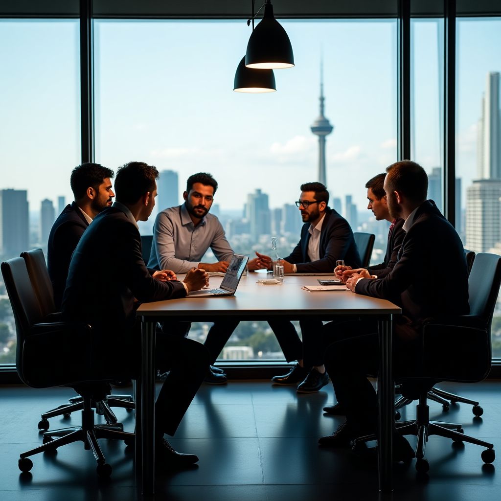 Equipo de consultoría financiera en una reunión